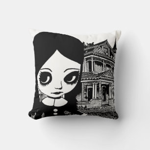 Großaugen-Goth-Girl Spukhaus Originalkunst Kissen
