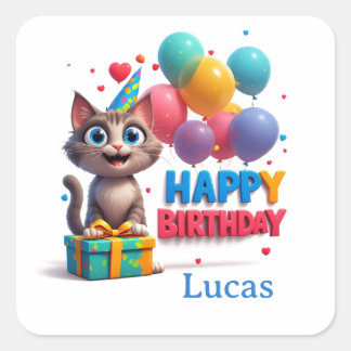 Großäugige Katze zum Geburtstag 🎉 Quadratischer Aufkleber