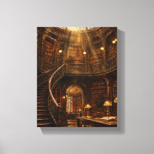 Großbibliothek mit goldener Kuppel – Dark-Academia Leinwanddruck