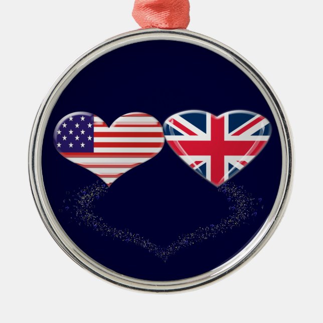 Großbritannien- und USA-Herz-Flagge und Silbernes Ornament (Vorne)