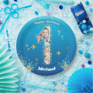 Große 1. Geburtstag unter dem Meer FotoCollage Pappteller