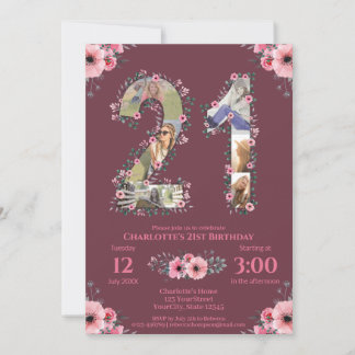 Große 21. Geburtstagsfoto Collage Pink Blume Frau Einladung