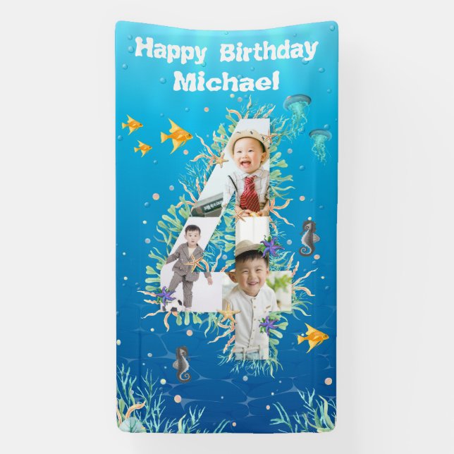 Große 4. Geburtstag unter dem Meer FotoCollage Banner (Vertikal)