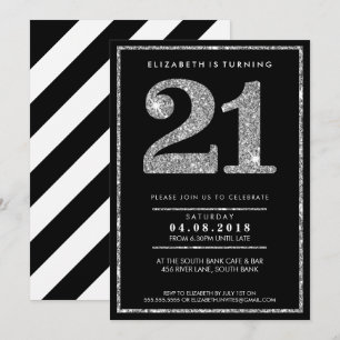 GROSSE ALTERSZAHL EINLADUNG modern 21 silber glitz