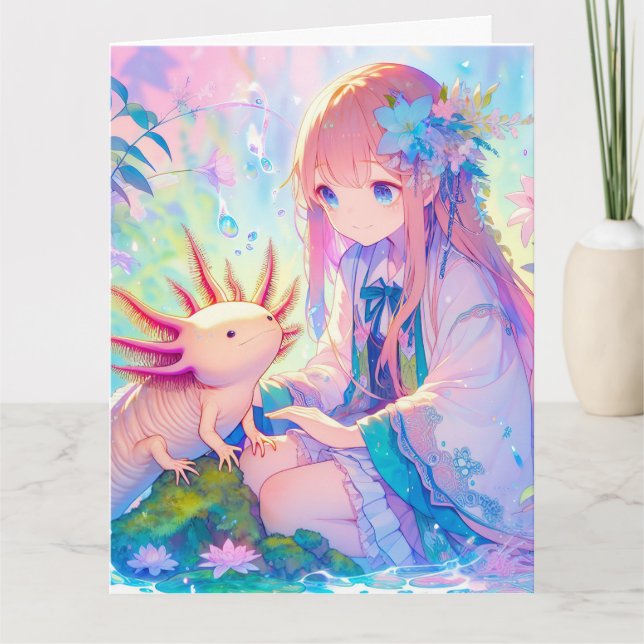 Große Anime Girl und Axolotl Personalisierter Gebu Karte (Vorderseite)