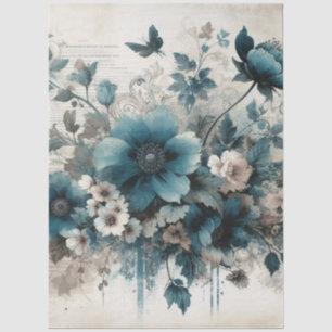 Große Aqua Blue Vintag Inspirierte Blumendekoupage Seidenpapier