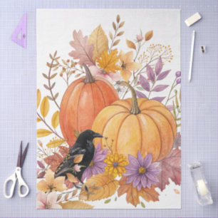 Große Aquarell-Herbstwildblumen Kürbisse & Krähe Seidenpapier