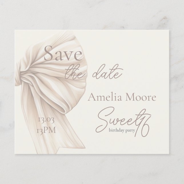 Große Beige Bow Boho Sweet 16 Save the Date (Vorderseite)