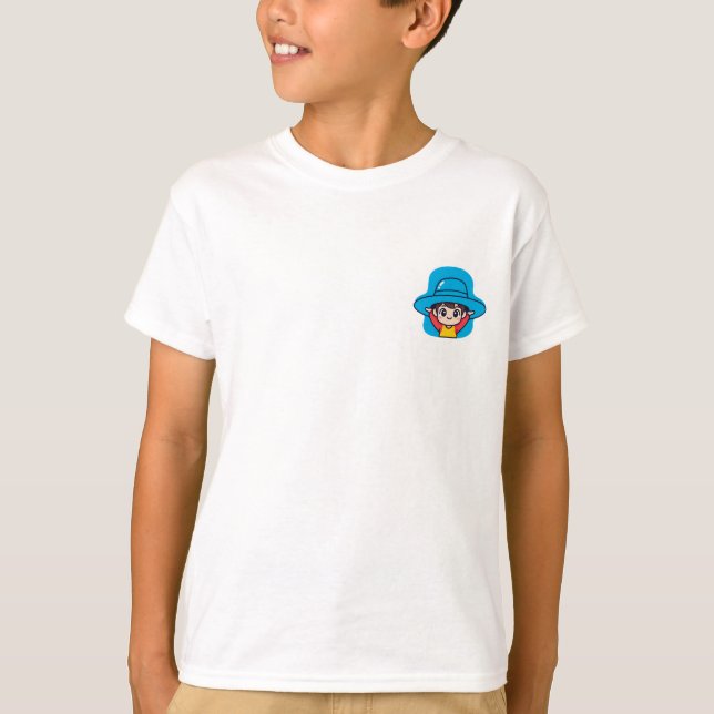 Große blaue Hut fröhlicher Junge Kinder T-Shirt (Vorderseite)