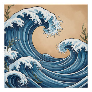 Große blaue Ozeanwellen im japanischen Stil Poster