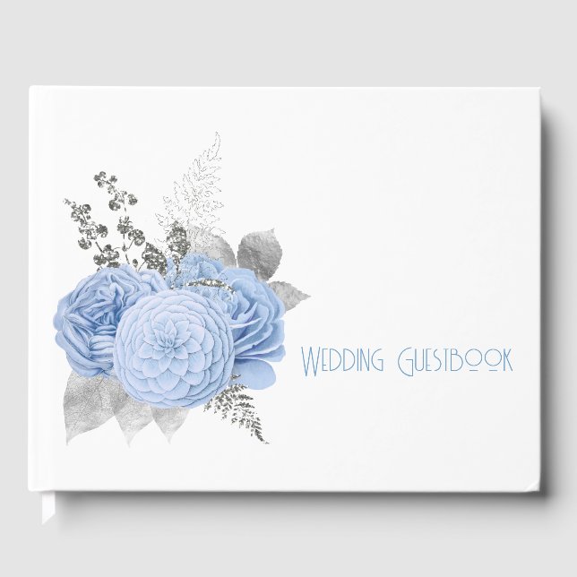 Große blaue Rose Silberne Blätter Hochzeit Gästebuch (Vorderseite)