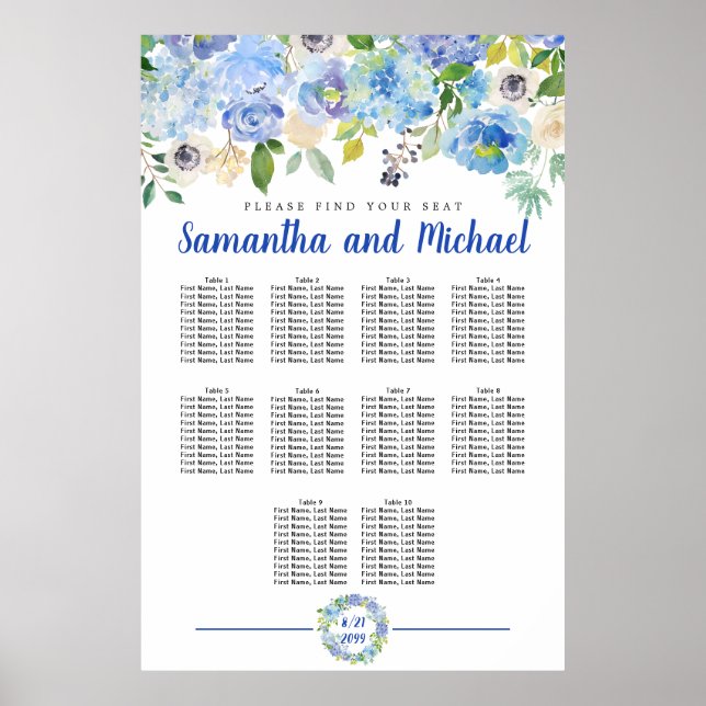 Große Blue Hydrangea 10-Tisch-Sitzkarte Poster (Vorne)