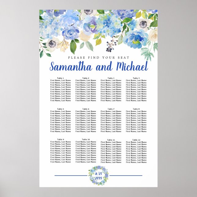 Große Blue Hydrangea 12-Tisch-Sitzkarte Poster (Vorne)