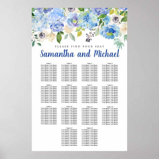 Große Blue Hydrangea 14-Tisch-Sitzkarte Poster (Vorne)