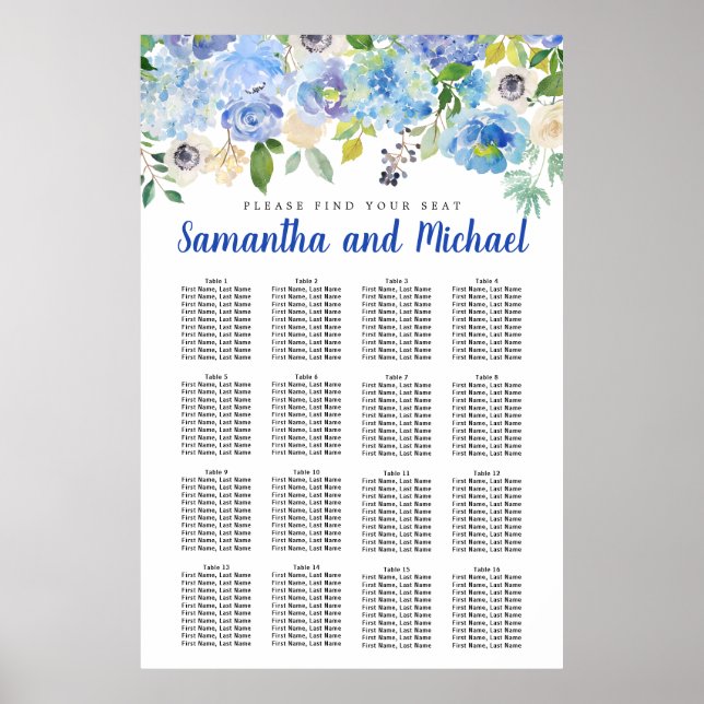 Große Blue Hydrangea 16-Tisch-Sitzkarte Poster (Vorne)