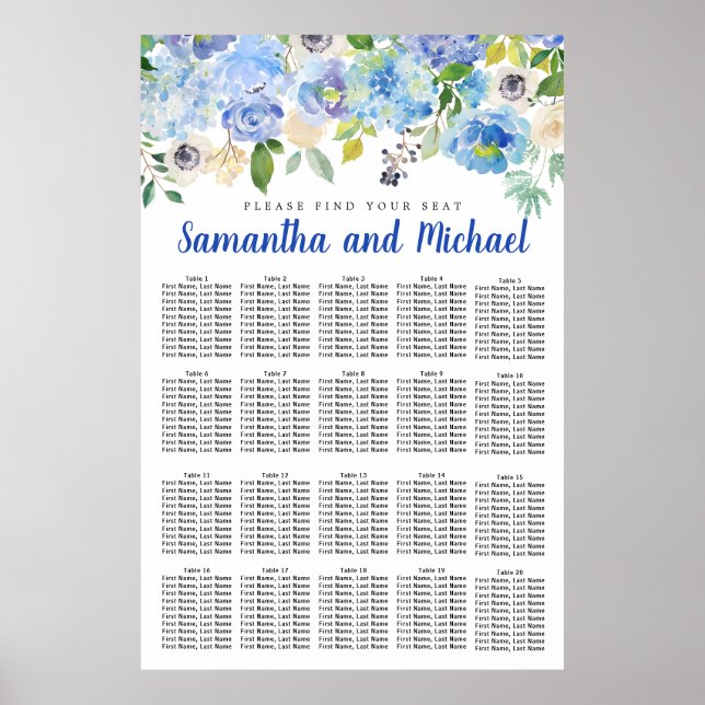 Große Blue Hydrangea 20-Tisch-Sitzkarte Poster (Vorne)
