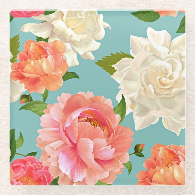 Große Blume auf Blue Vintag Country Beverage Glasuntersetzer (Vorderseite)