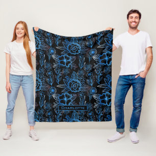 Große Blüte Blumenmuster Blau personalisierter Nam Fleecedecke