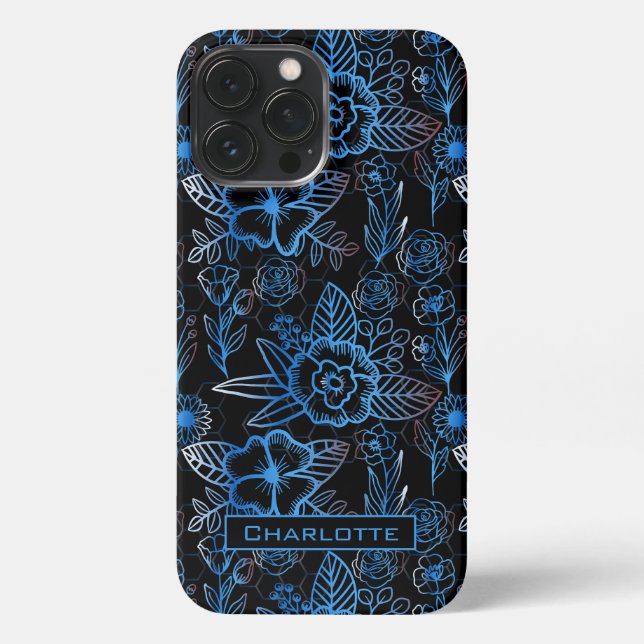 Große Blüte Blumenmuster Blau personalisierter Nam iPhone Hülle (Rückseite)
