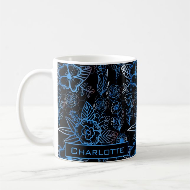 Große Blüte Blumenmuster Blau personalisierter Nam Kaffeetasse (Links)