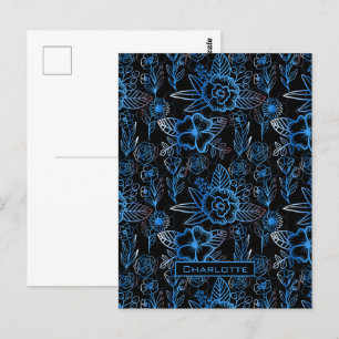 Große Blüte Blumenmuster Blau personalisierter Nam Postkarte