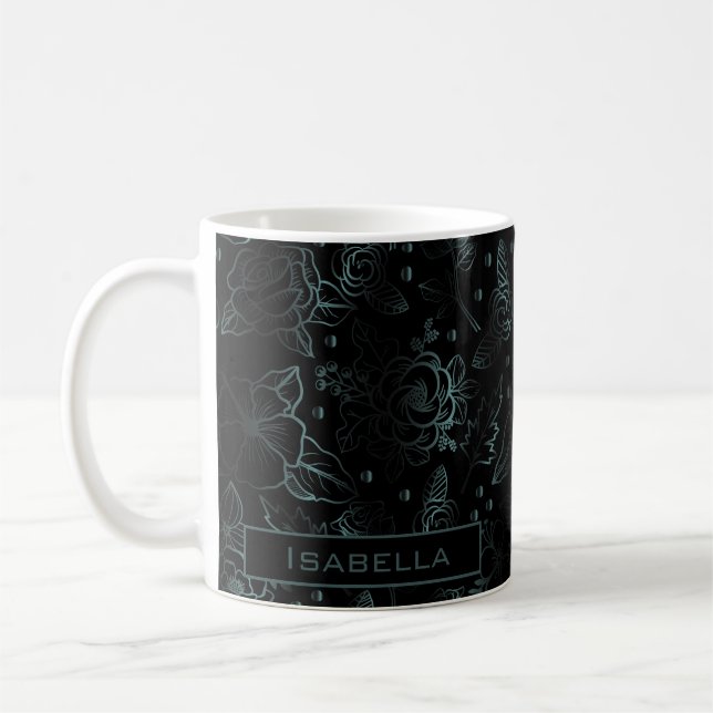 Große Blüte Blumenmuster Grauer personalisierter N Kaffeetasse (Links)