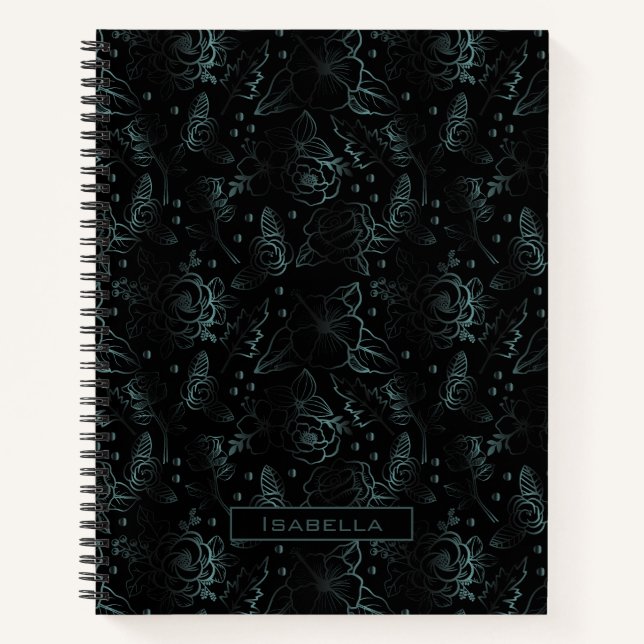 Große Blüte Blumenmuster Grauer personalisierter N Notizbuch (Vorderseite)