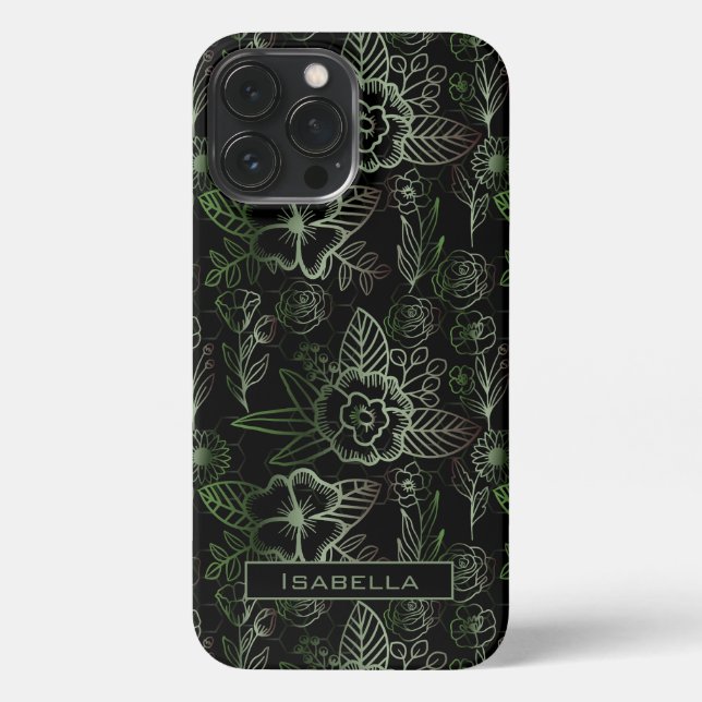 Große Blüte Blumenmuster grün personalisierter Nam iPhone Hülle (Rückseite)