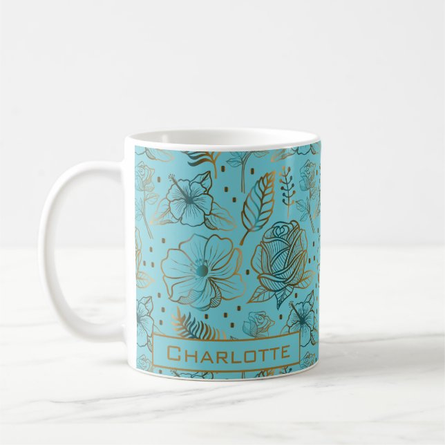 Große Blüte Blumenmuster personalisierter Name Kaffeetasse (Links)
