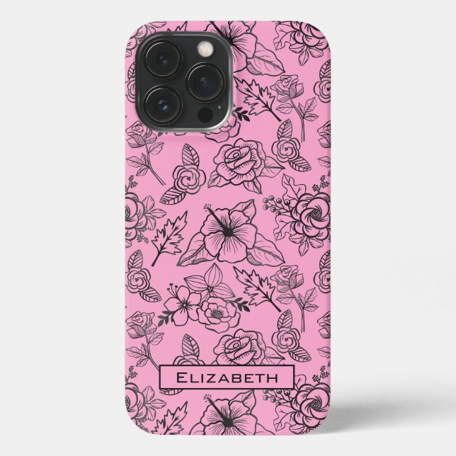 Große Blüte Blumenmuster rosa personalisierter Nam iPhone Hülle (Rückseite)