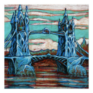 Große Brücke in einer Fantasiestadt Poster