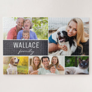 Große Collage-Fotos mit Familiennamen-Schreibtafel Puzzle