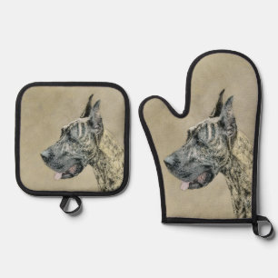 Große Dan-Malerei Brindle Original Hunde Kunst Ofenhandschuh & Topflappen-Set