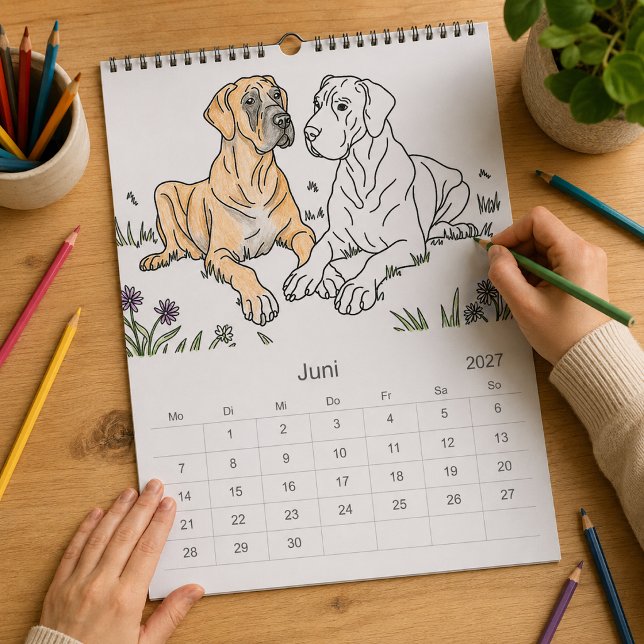 Große Däne 18-Monate Färbung Personalisiert Kalender (add colors and love )