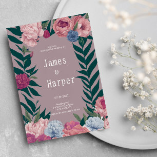 Große, dunkelgrüne, rosa blumenreiche Hochzeit Einladung