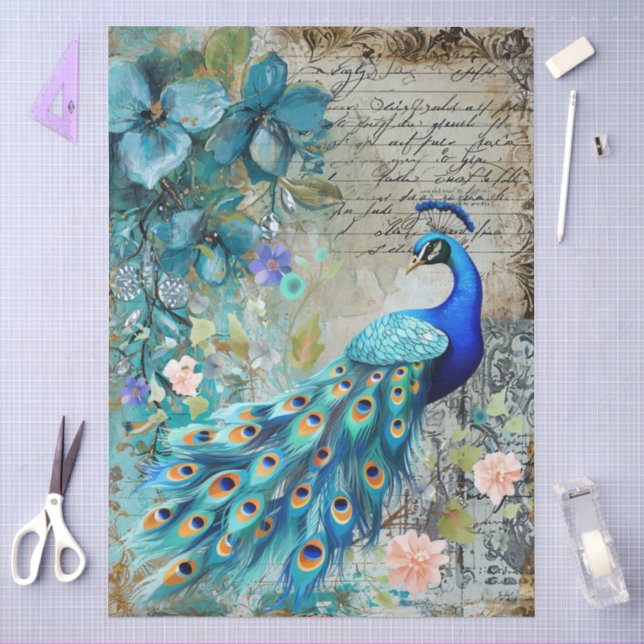 Große elegante Pfaue, Florals & Script Decoupage Seidenpapier (Basteln)