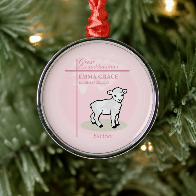 Große Enkeltochter Taufe Pink Girl Lamb Ornament Aus Metall (Baum)