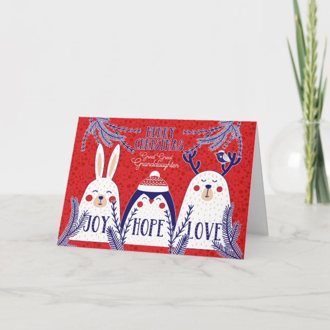 Große Enkeltochter Weihnachtswaldkreaturen Feiertagskarte (Vorderseite)