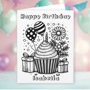 Große Farbe   Cupcake Blume Girl's Birthday Karte