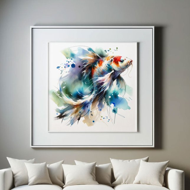 Grosse farbenfrohe Koi Fisch Kunst, Dichtung und M Poster (Koi fish watercolor art in colorful shades of red, blue green and purple. )