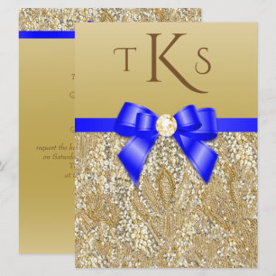 Große Faux Gold Sequins Royal Blue Bow Wedding Einladung