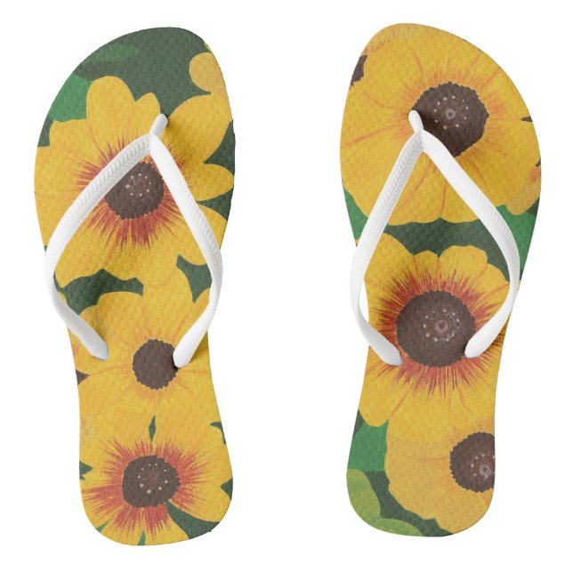 Große, fett gestrichelte gelbe Sonnenblumen Grün F Flip Flops (Fußbett)