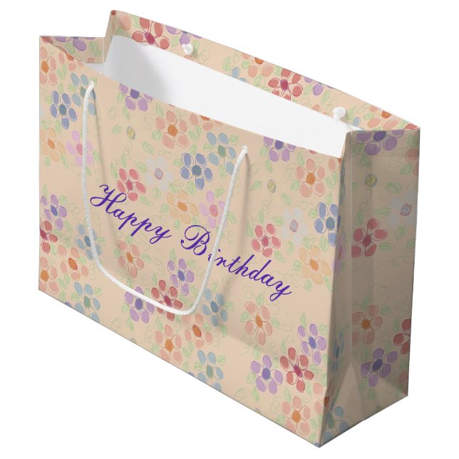 Große Flower Happy Geburtstagsgeschenke Geschenktüte (Vorderseite Schrägansicht)