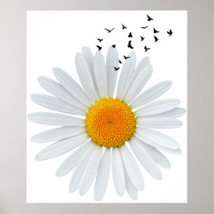 Große Gänseblümchenblume mit Schwarm fliegender Vö Poster