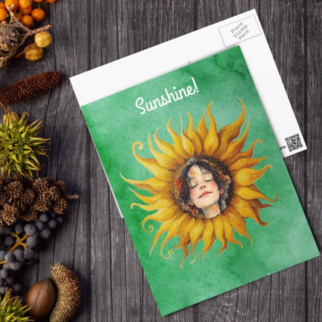 Große gelbe Sonnenblume mit Blick auf Mädchen auf  Postkarte (Glowing yellow sunflower with girl's face in the center on watercolour look green postcard.)