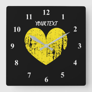 Große gelbe Vintage Herzgeräusche Quadratische Wanduhr