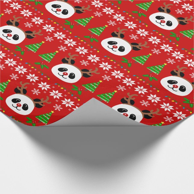 Große Gesichts-Panda-Cartoon-Weihnachtsgeweihe Geschenkpapier (Ecke)