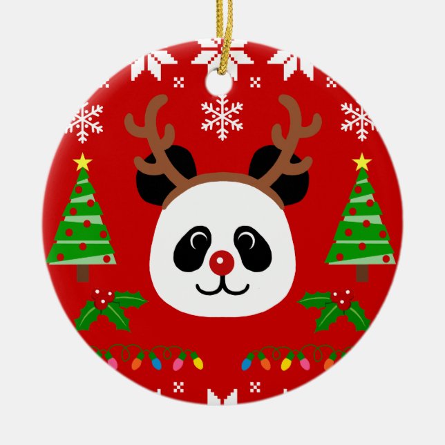 Große Gesichts-Panda-Cartoon-Weihnachtsgeweihe Keramik Ornament (Vorne)