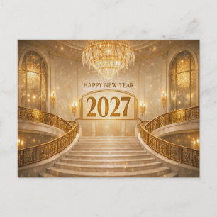 Große Gold Art Deco Treppe Neujahr 2027 Feiertagspostkarte