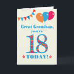 Große Grandson 18. Geburtstagskarte Karte<br><div class="desc">Eine bunte Geburtstagskarte für einen 18-jährigen Urenkel. Die große Zahl 18 ist mit einem orangefarbenen, roten und blauen Muster gefüllt, das in hellblau dargestellt ist. Oben sind Ballons und Bollen, in passenden Farben, und der Gruß auf der Titelseite ist: 'Großer Enkel, du bist heute 18!' in hellroten und blauen Buchstaben,...</div>